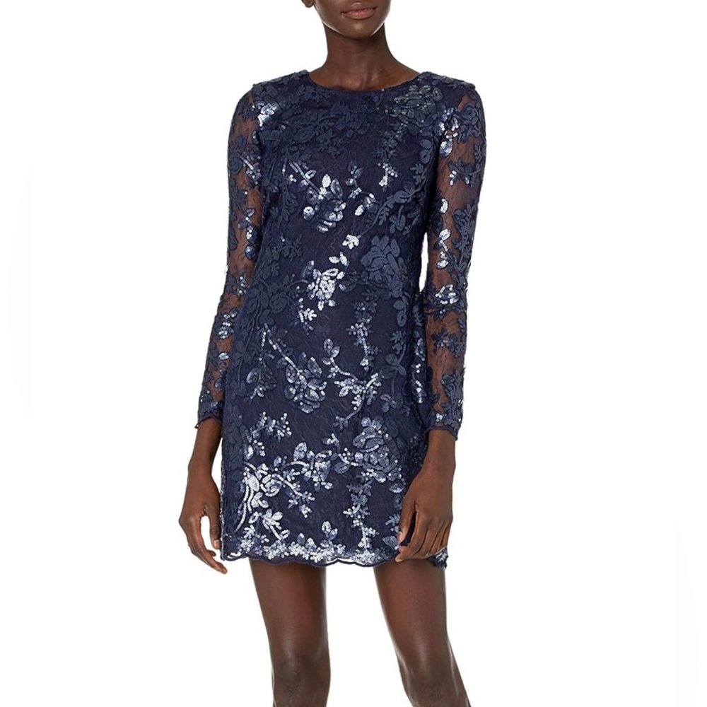Dress the Population Women's Grace Long Sleeve Sequin Lace Dress Dress, Navy, S